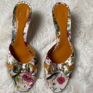 Vintage Gucci Floral Horsebit Heels Sandals Mules